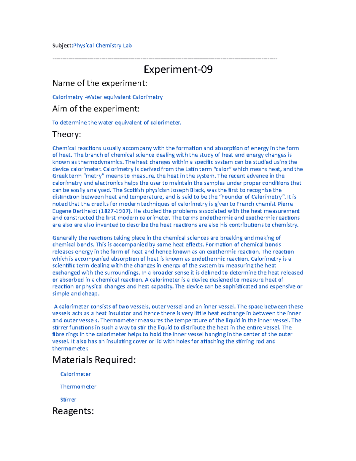 Experiment 9(Water equivalent Calorimetry) SubjectPhysical Chemistry