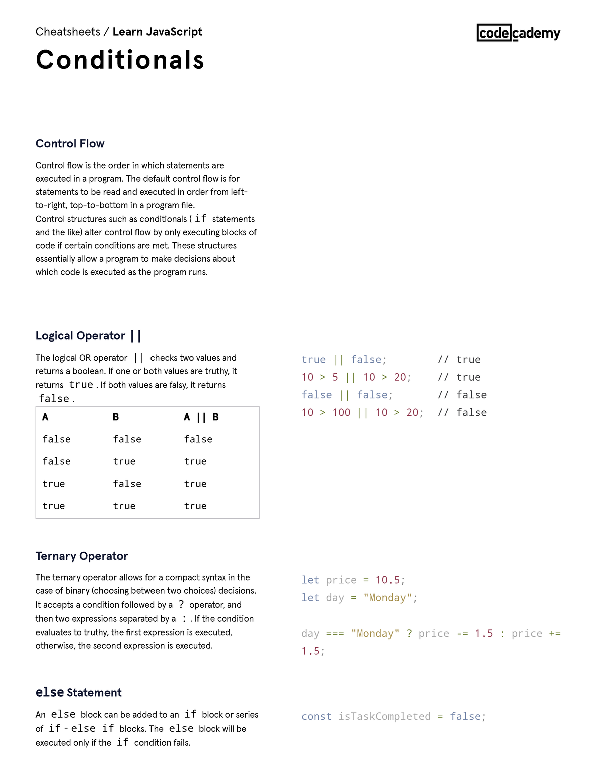 Learn Java Script Conditionals Cheatsheet Codecademy - Control Ow Is ...