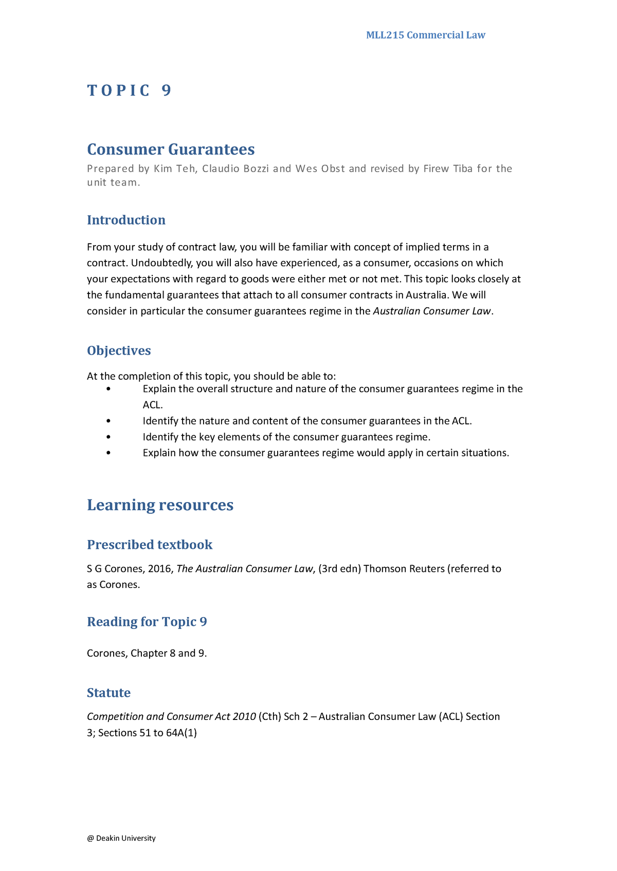 MLL215 2018 Topic 9 Consumer Guarantees - Warning: TT: Undefined ...