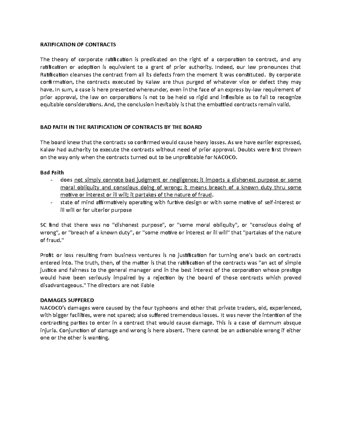 B SUMMARY RATIFICATION OF CONTRACTS The theory of corporate