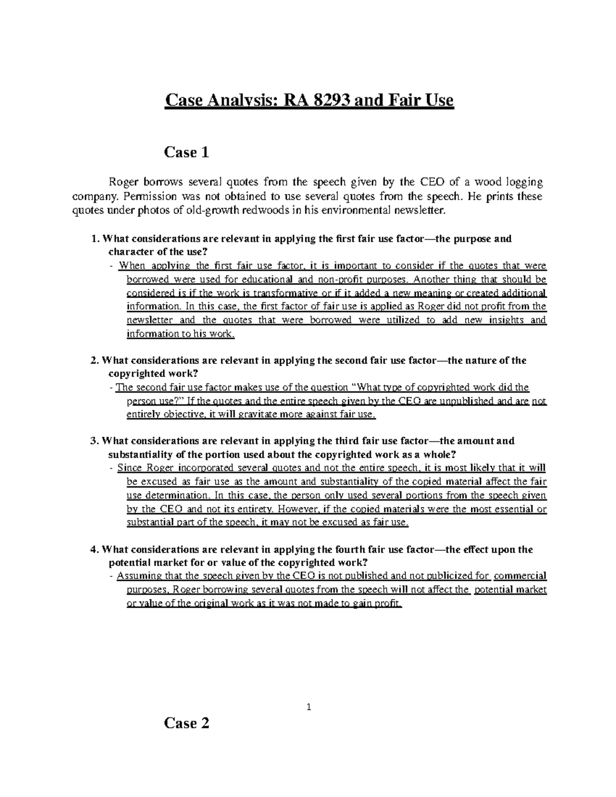 Case Analysis 1 Case Analysis RA 8293 and Fair Use Case 1 Roger