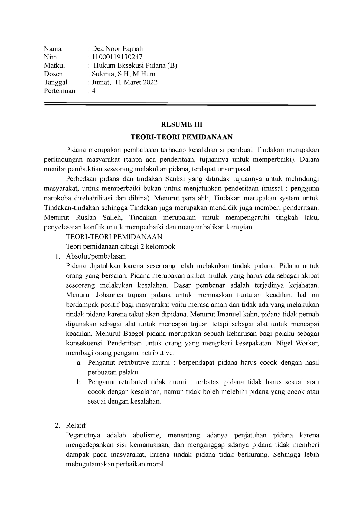 Eksekusi Pidana B Resume 3 (11 MAR) - Nama : Dea Noor Fajriah Nim ...