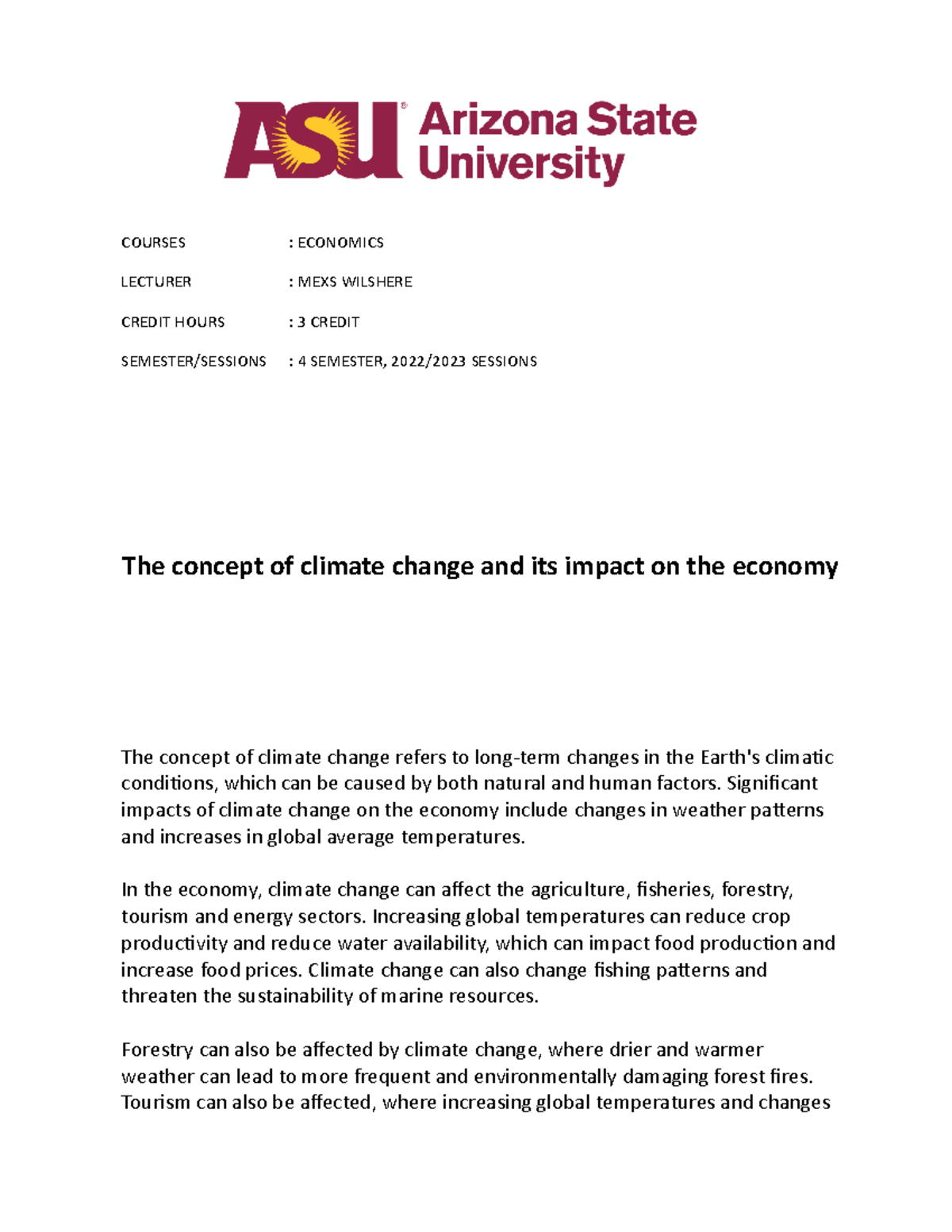The concept of climate change and its impact on the economy ...