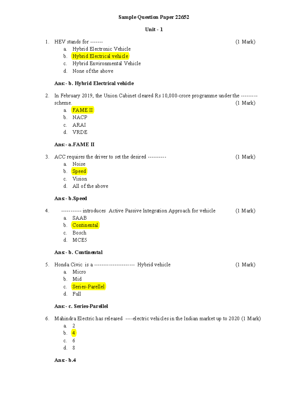 Automobile Engine MCQ Questions & Answers