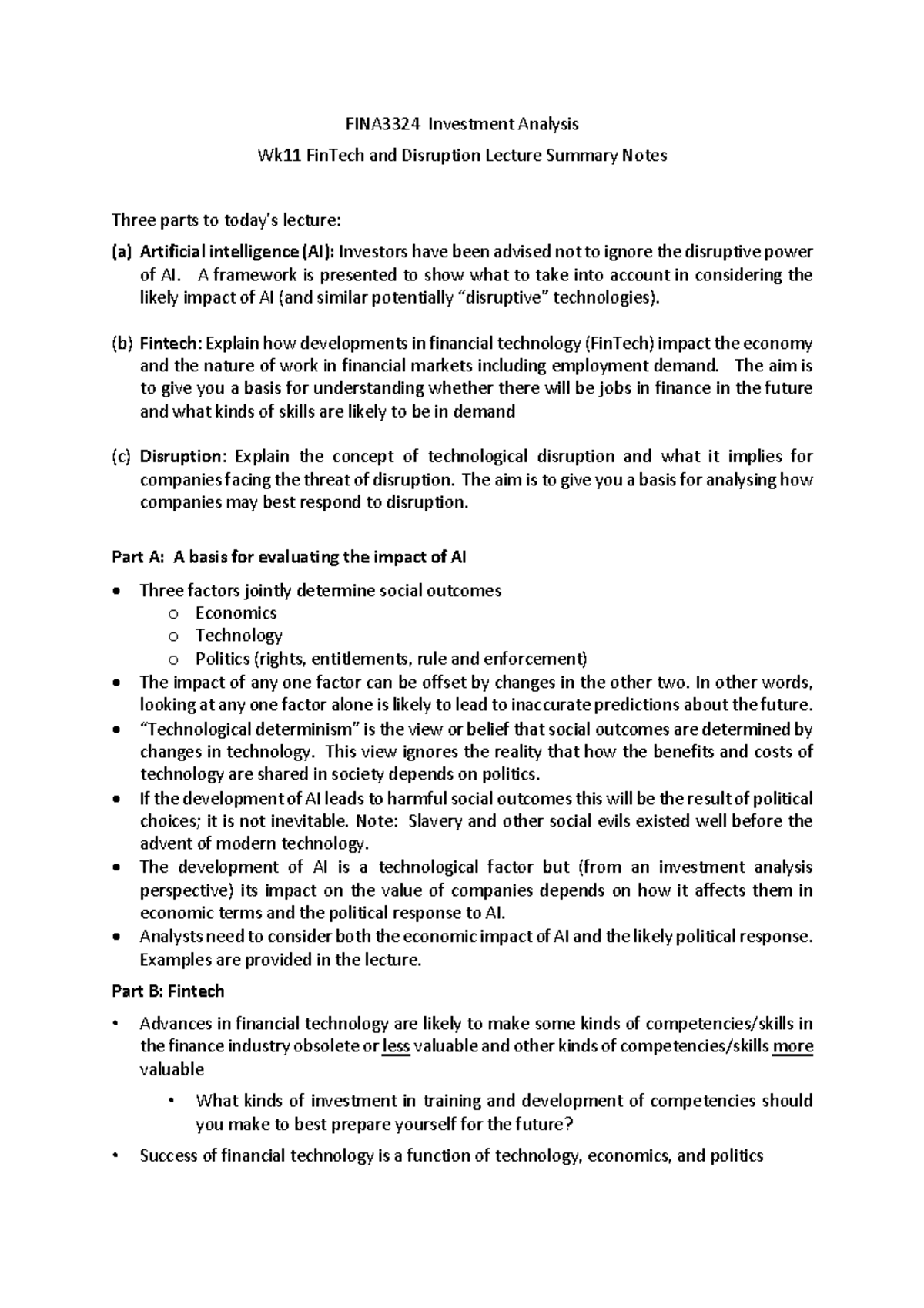 Wk11 Fin Tech and Disruption Lecture Summary Notes - FINA3324 ...