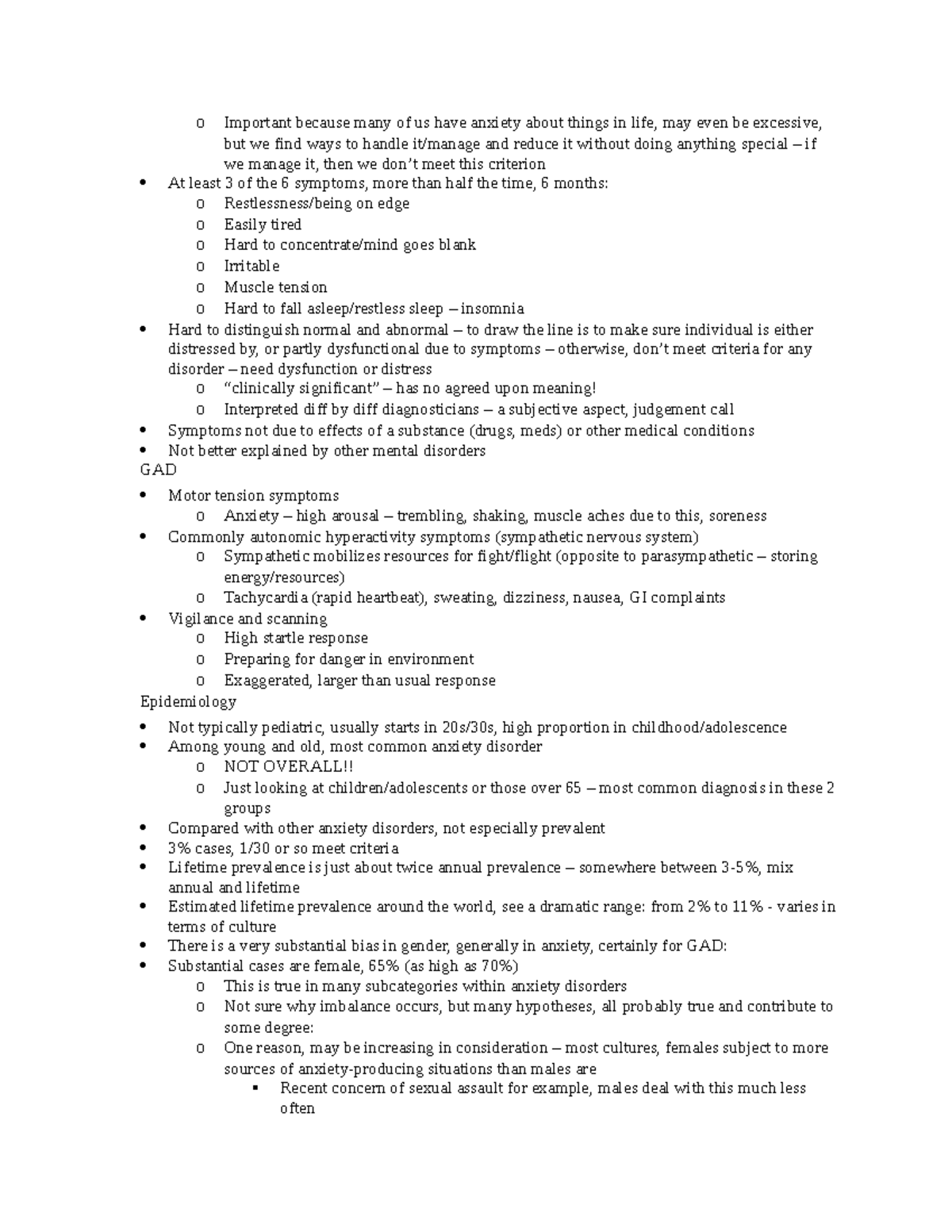 Abnormal Psych Notes-7 - O Important Because Many Of Us Have Anxiety 