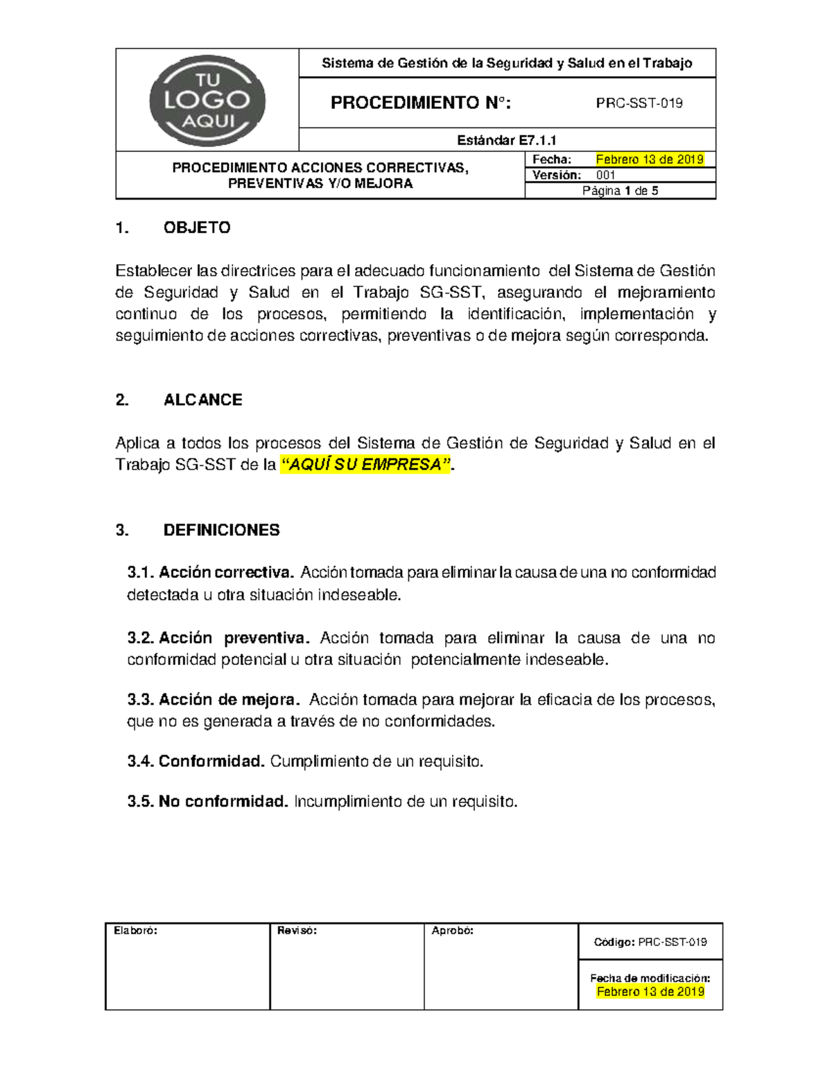 PRC-SST-019 Procedimiento Acción Correctiva, Preventiva y de Mejora ...