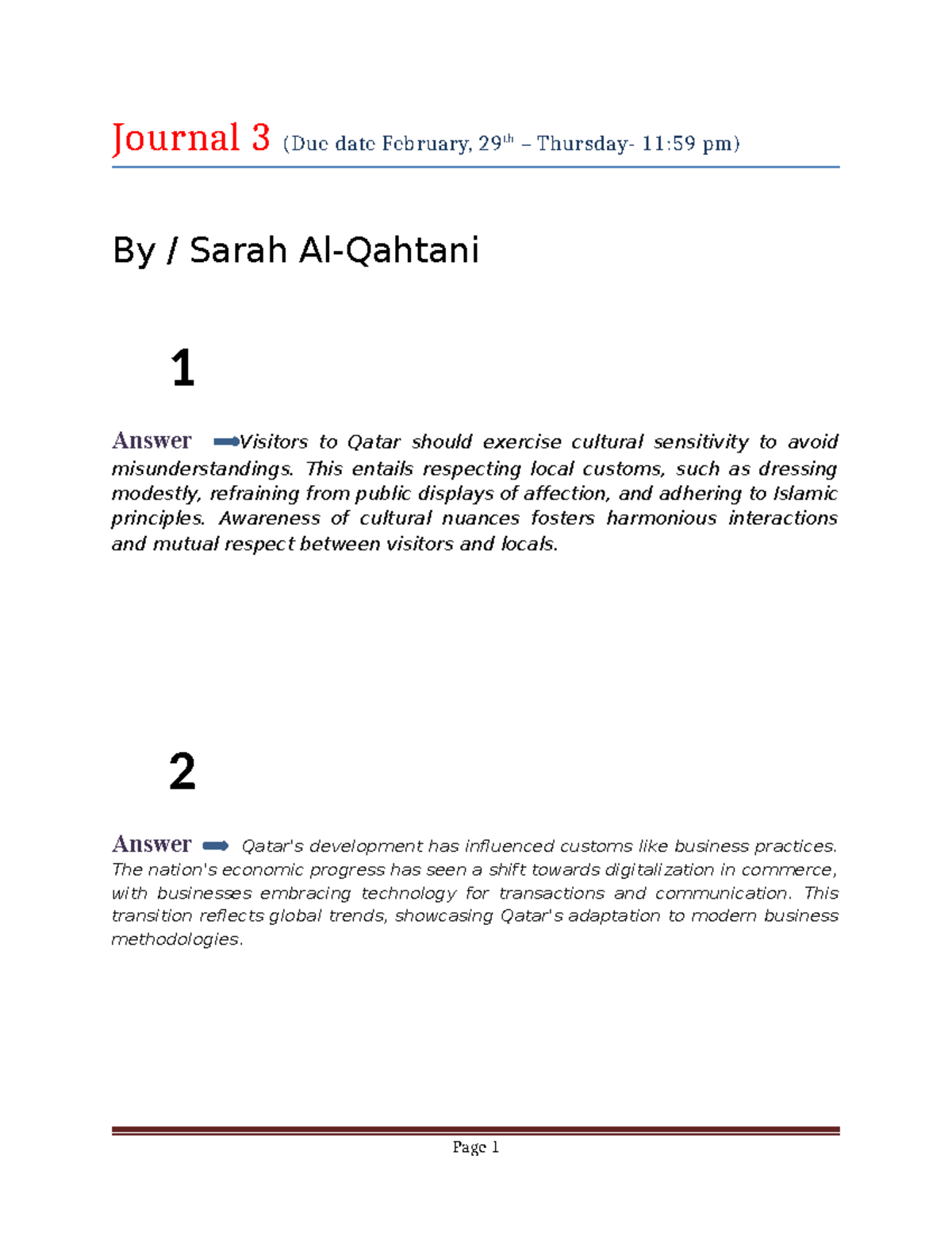 Assignment - Qatar development - Journal 3 (Due date February, 29 th ...
