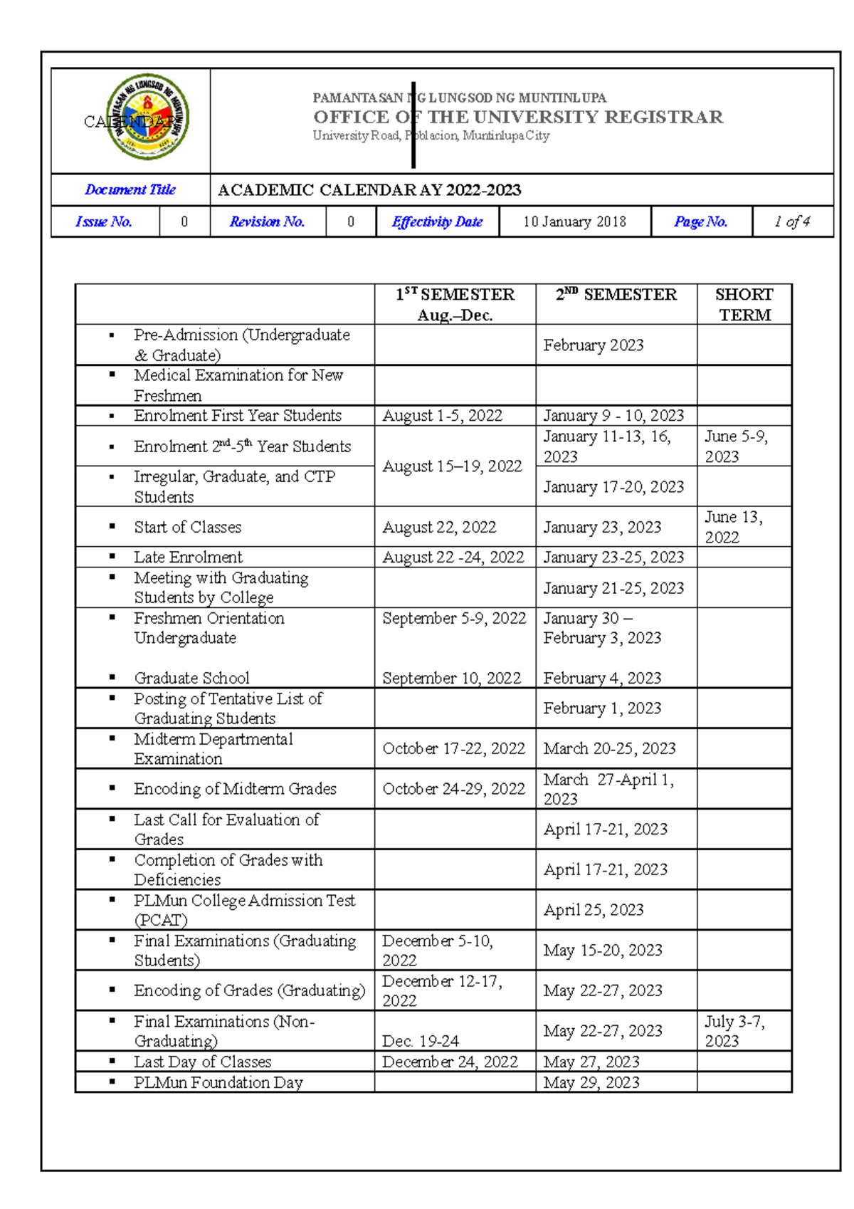 Approved univ calendar 2022-2023 - CALENDAR OFFICE OF THE UNIVERSITY