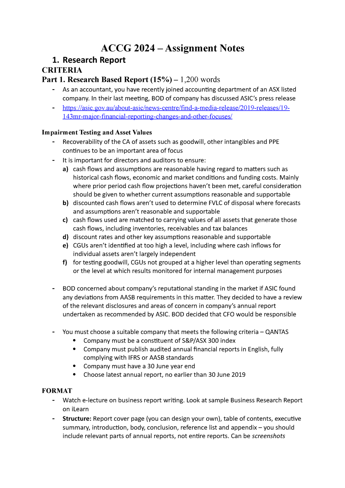 ACCG 2024 Assignment Notes ACCG 2024 Assignment Notes 1. Research Report CRITERIA Part 1