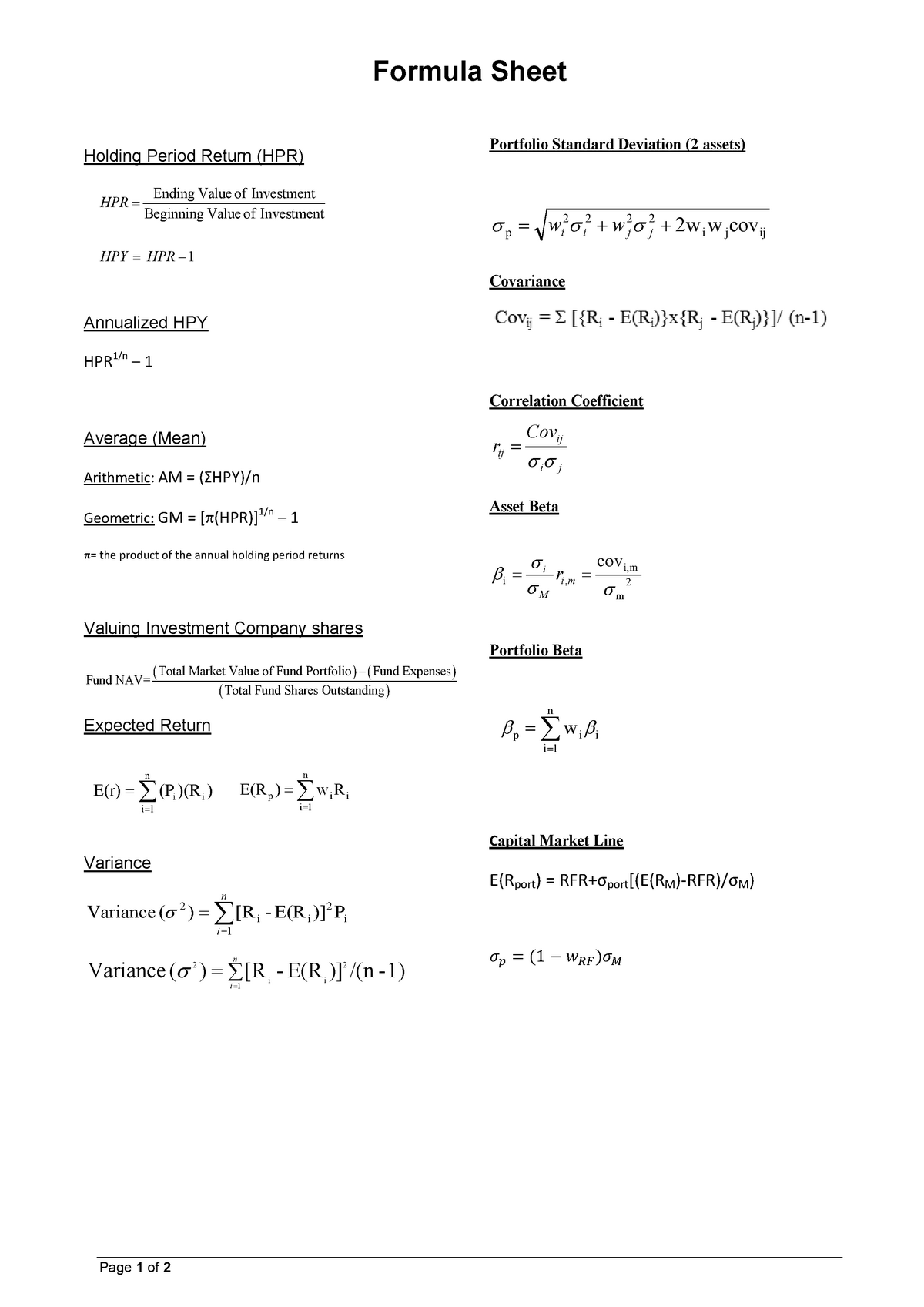 Formula Sheet For Midterm Test - Page 1 Of 2 Formula Sheet Holding 