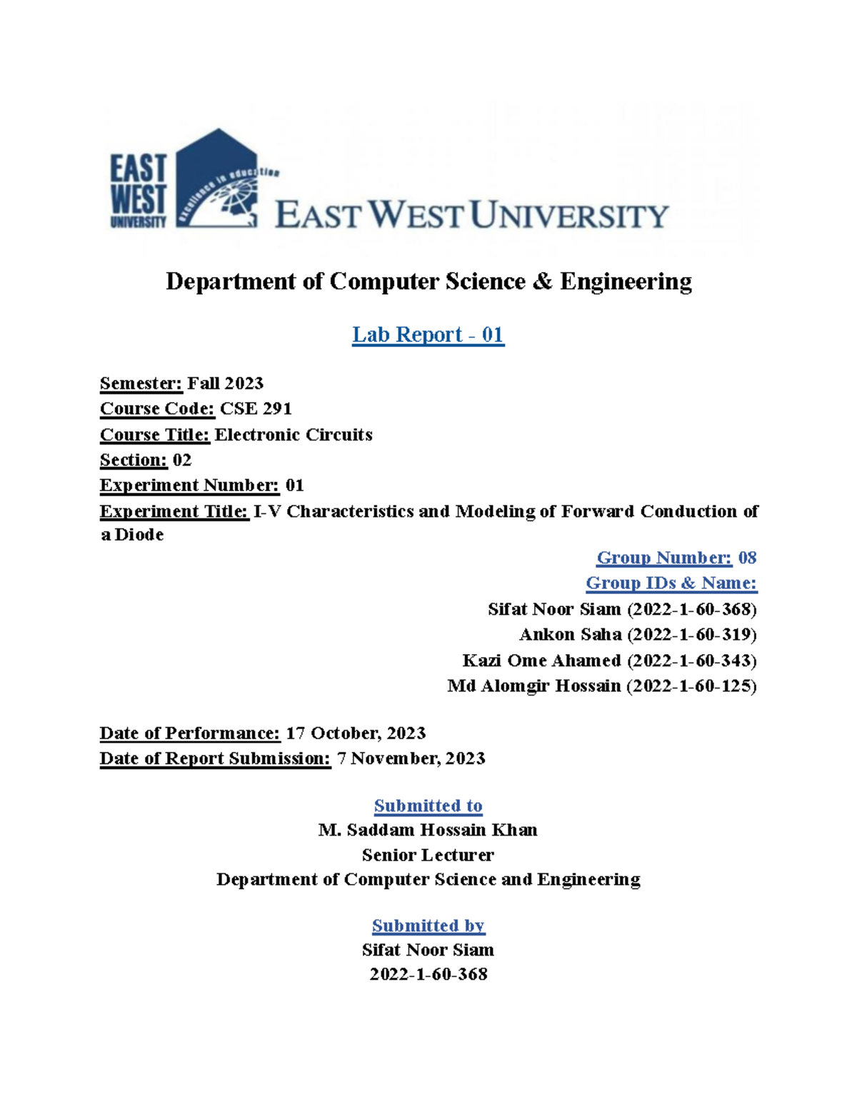 Lab report 1(group-8) - Half-wave diode ractifier circuit - Department ...