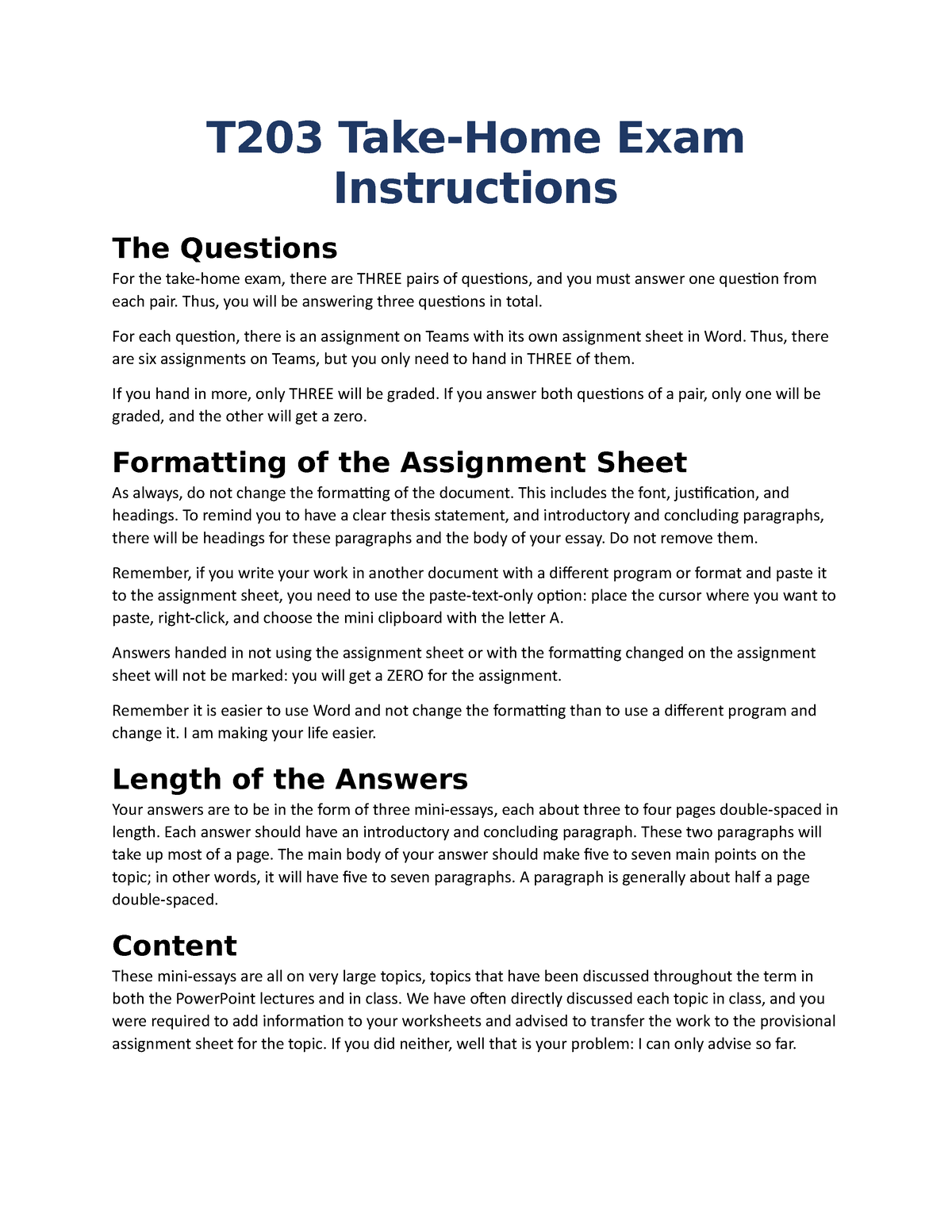 T23AW Take Home Exam Instructions - T203 Take-Home Exam