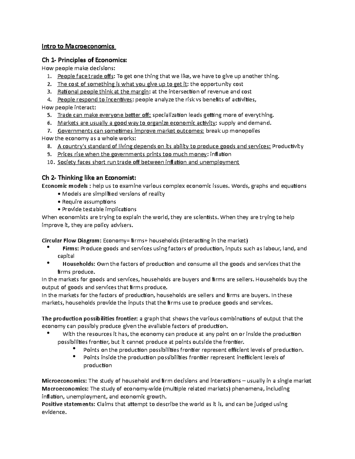 Final study guide ECON 1002 - Intro to Macroeconomics Ch 1- Principles ...