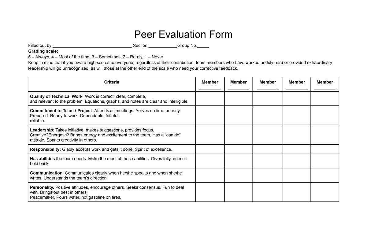 Peer Evaluation Form - Peer Evaluation Form Filled out by