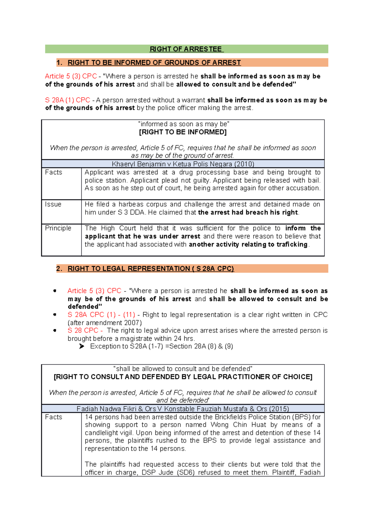 Right OF Arrestee - Please use it wisely - RIGHT OF ARRESTEE 1. RIGHT ...