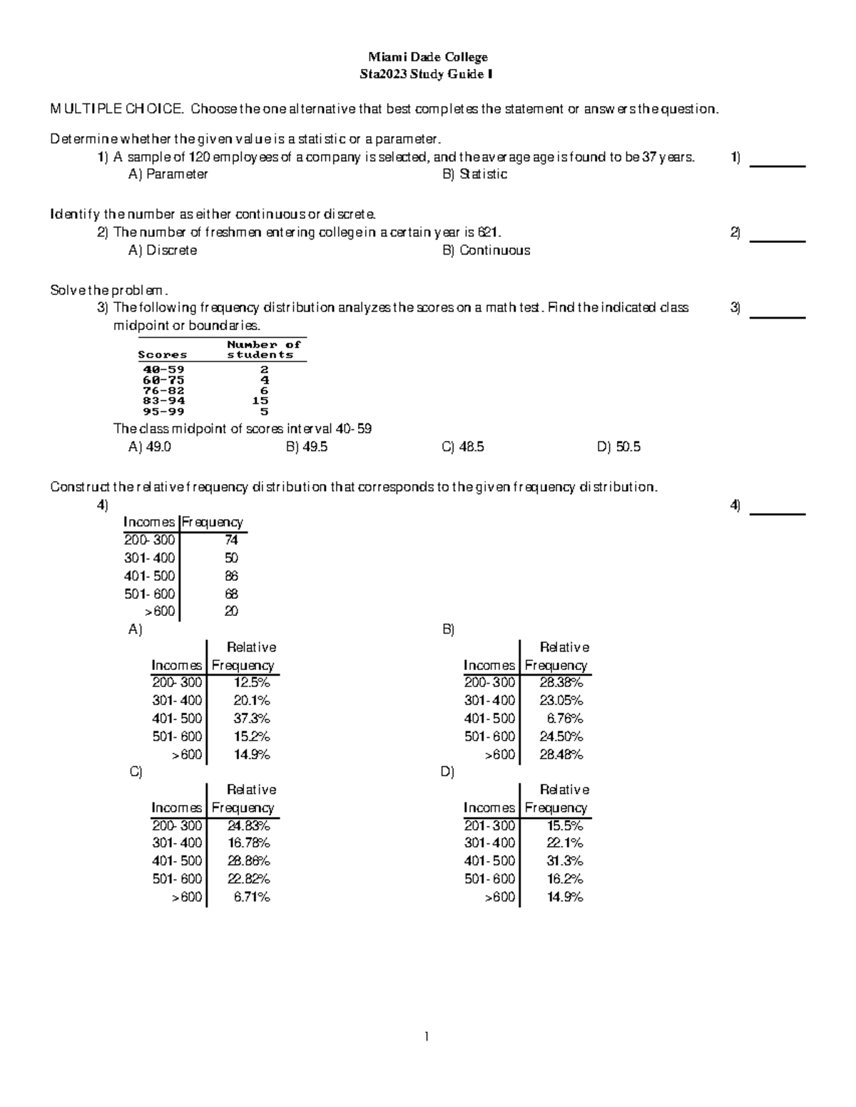 Math Study Guide - Miami Dade College Sta2023 Study Guide 1 MULTIPLE ...