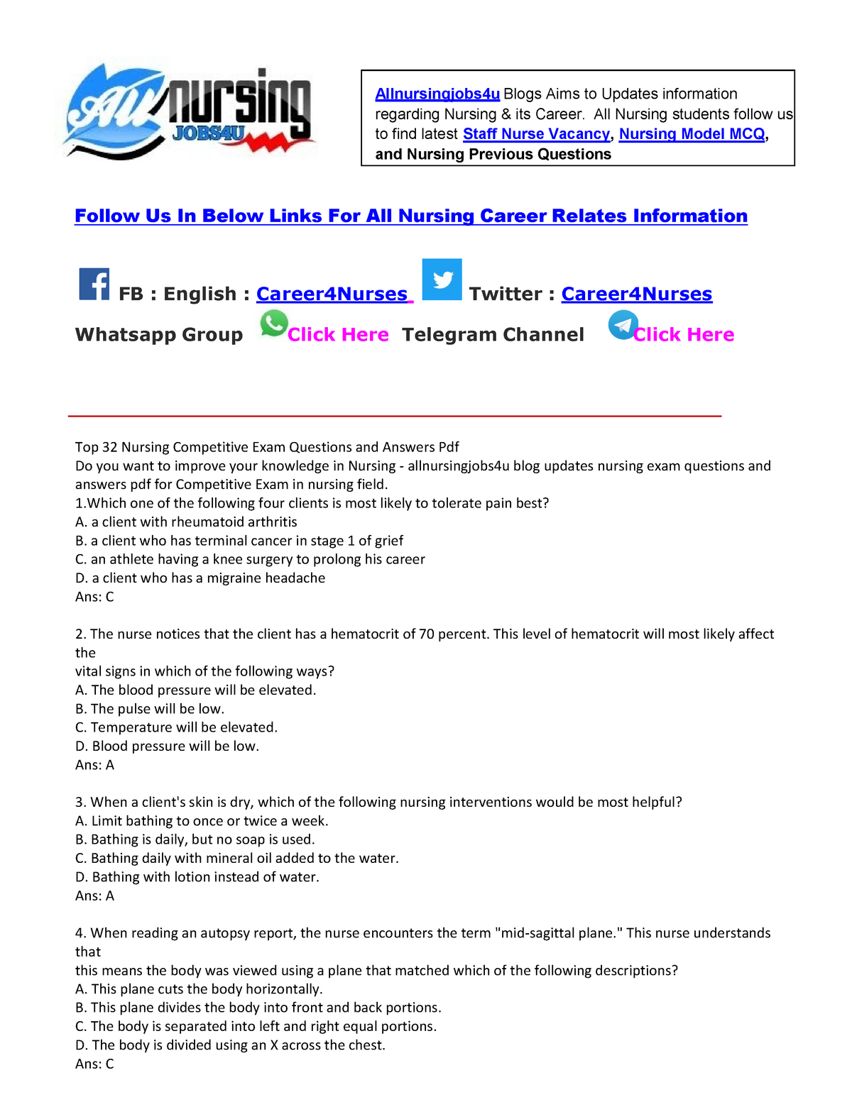 Nursing Exam Questions And Answers Pdf Allnursingjobs4u Blogs Aims To Updates Information