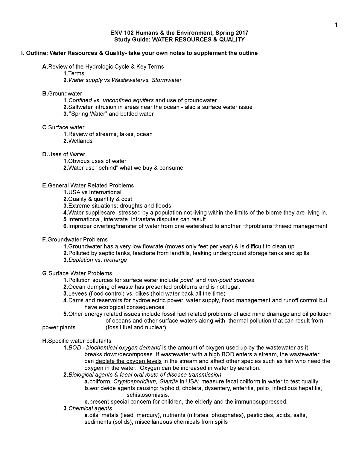 Notes Study Guide-Water Quality - ENV 102 Humans & the Environment ...