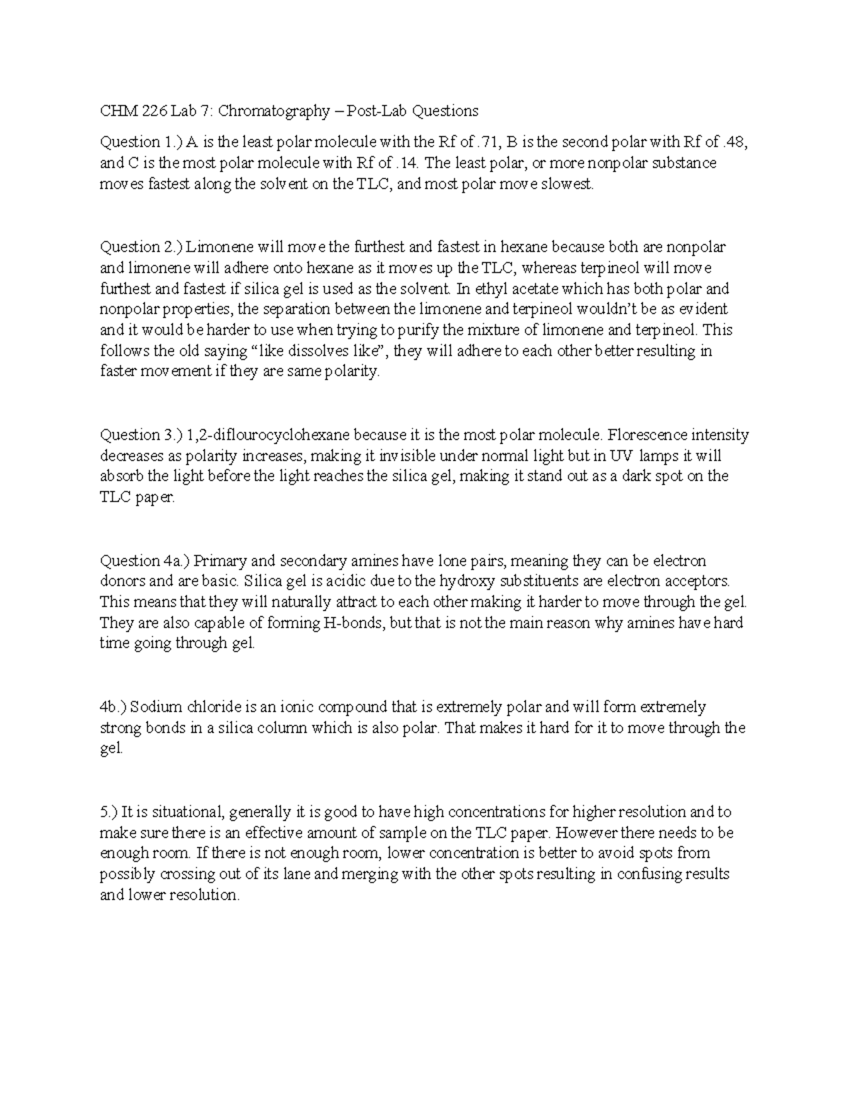 CHM 226 Lab 7 Post lab questions CHM 226 Lab 7 Chromatography Post