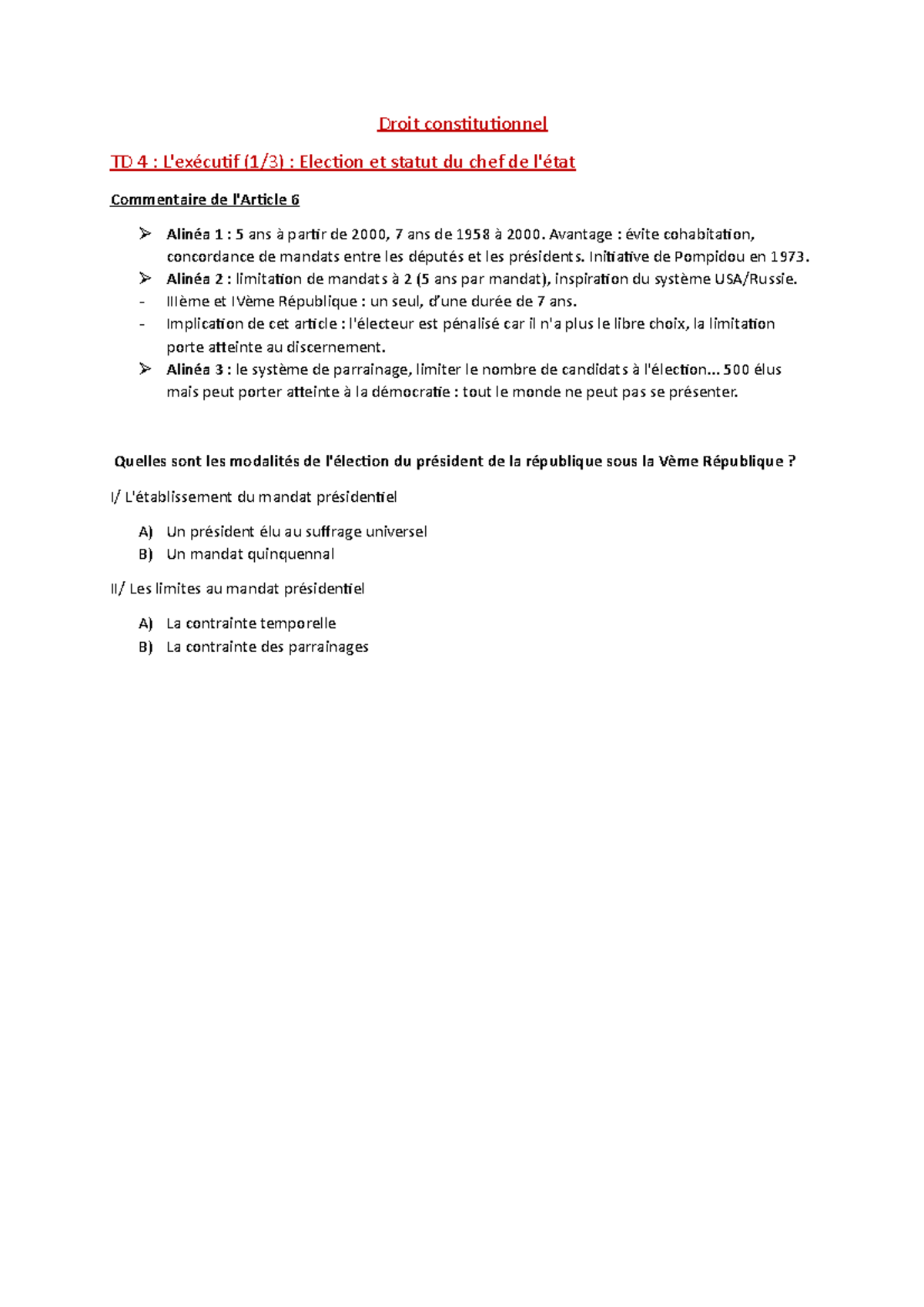 TD 4 - Election et statut du chef de l'Etat - Droit constitutionnel TD ...