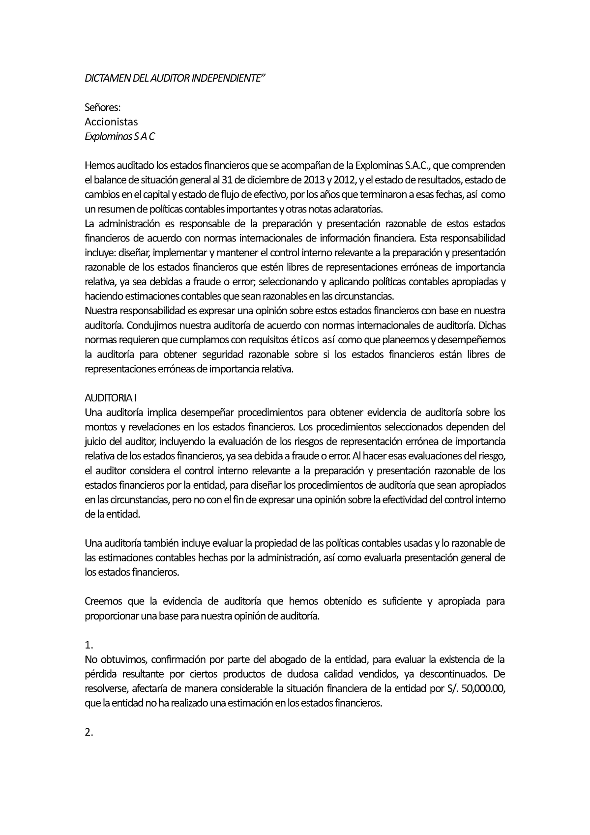 Dictamen Adverso Preparación De Examen De Contabilidad Dictamen Del