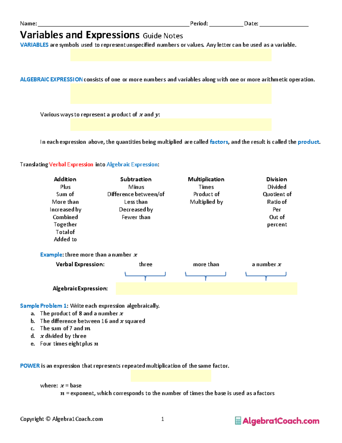 1 1 Guide Notes SE Variables and Expressions - Name: - Studocu