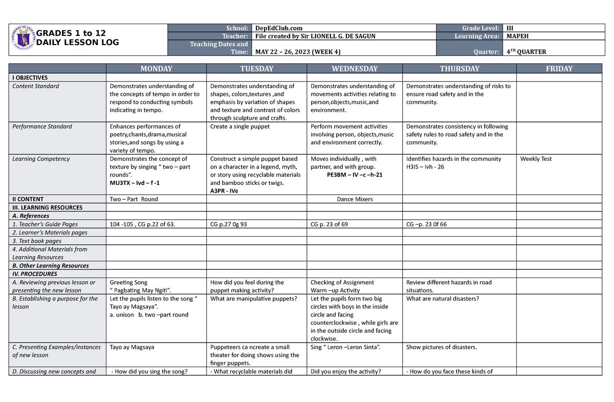 DLL Mapeh 3 Q4 W4 - GRADES 1 to 12 DAILY LESSON LOG School: DepEdClub ...