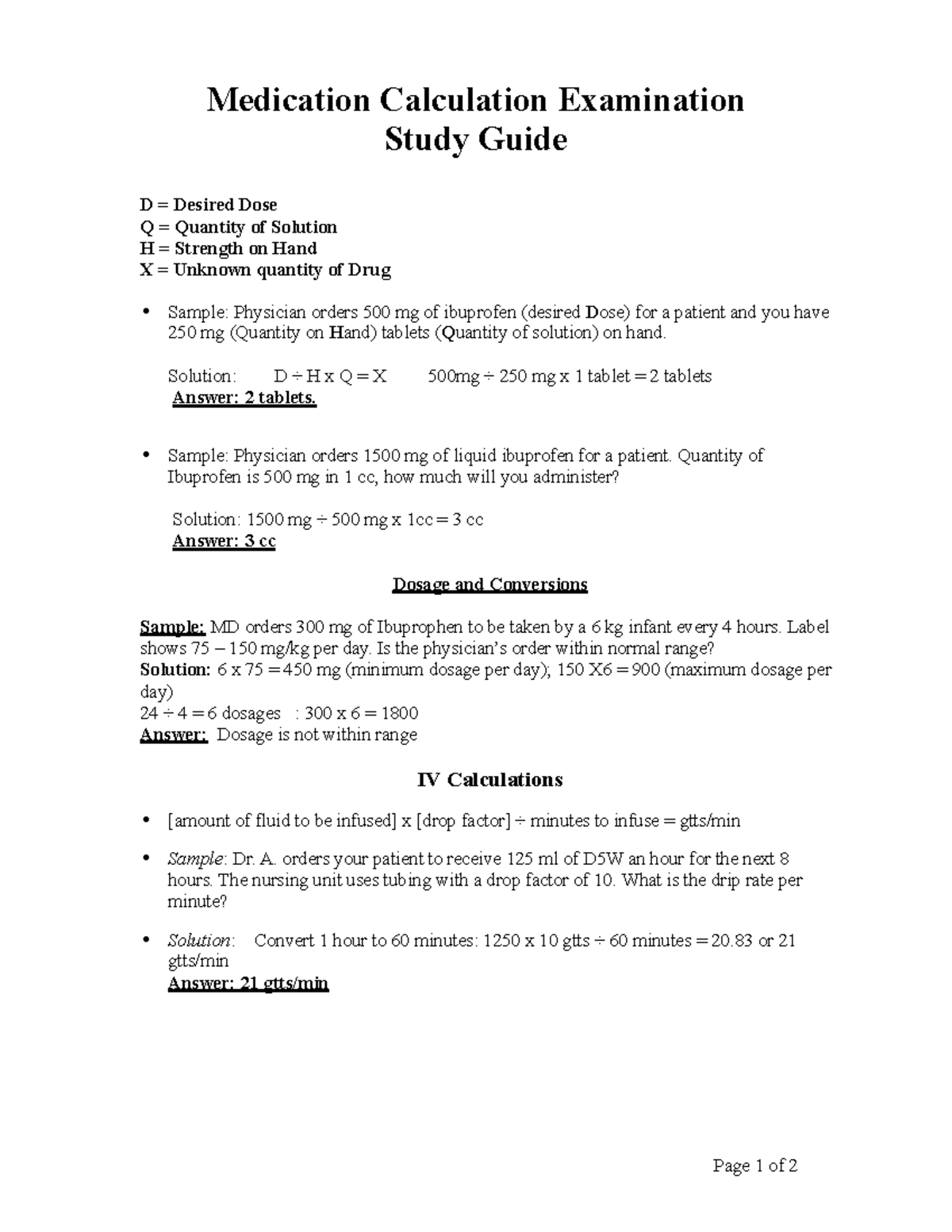 Dosage calculations practice, equivalents, - Medication Calculation Examination Study Guide D 