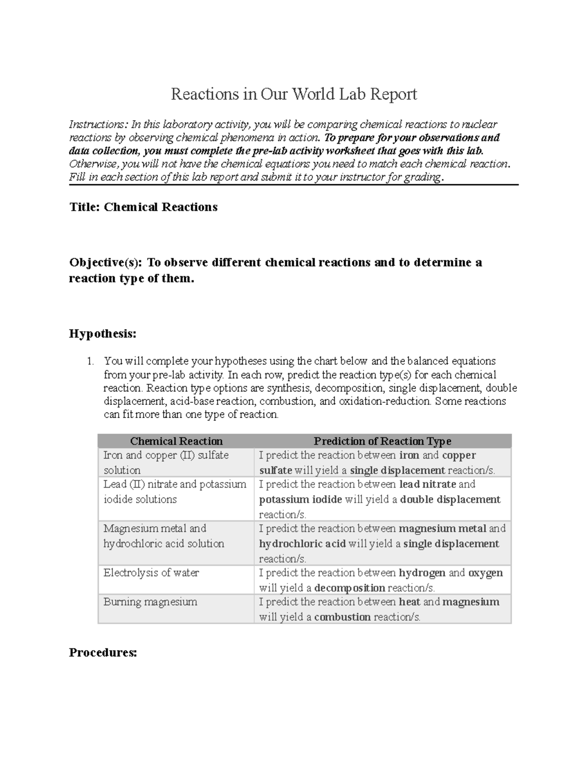 4.06 - CHemistry - Reactions in Our World Lab Report Instructions: In ...