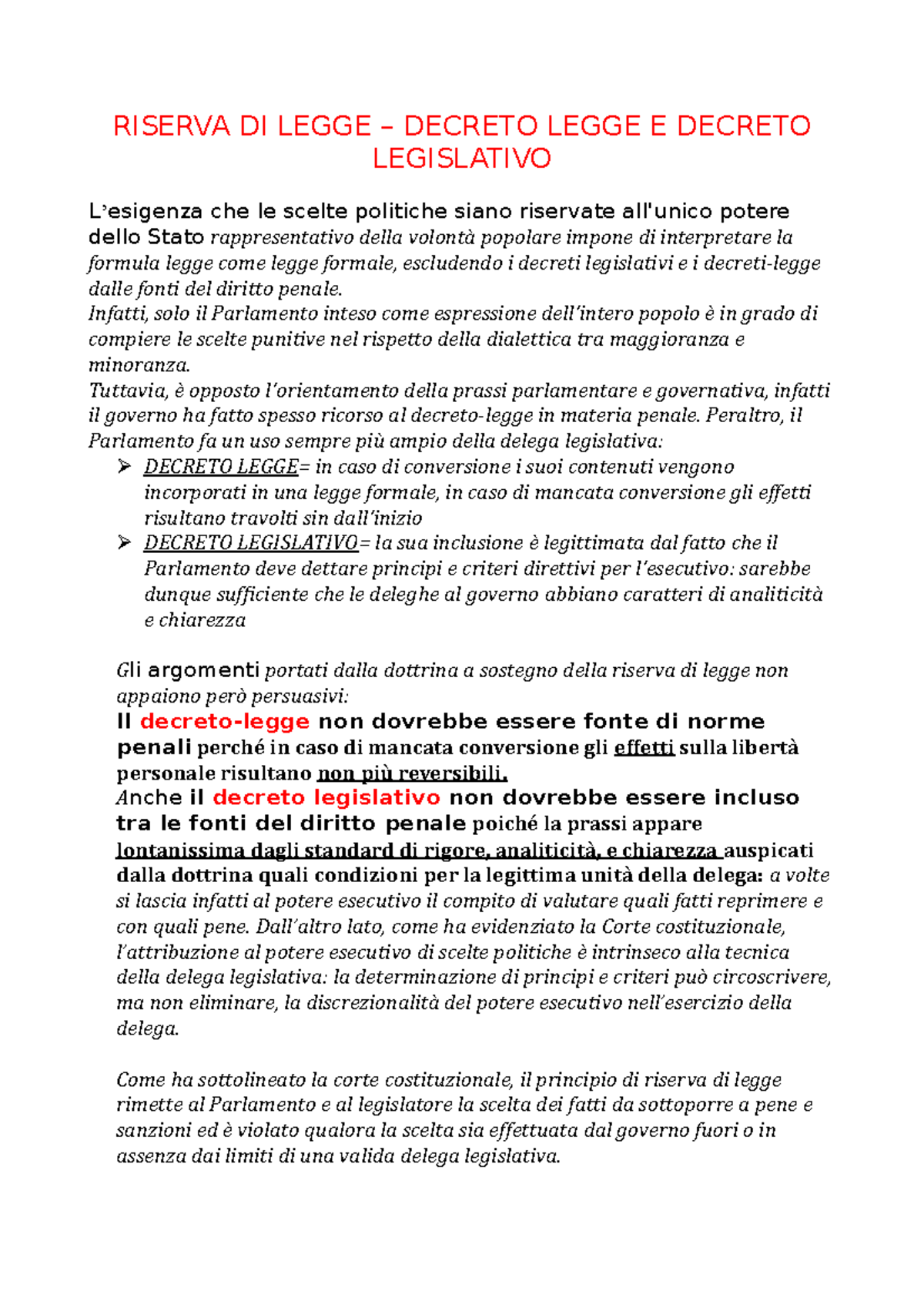 Riserva DI Legge RISERVA DI LEGGE DECRETO LEGGE E DECRETO