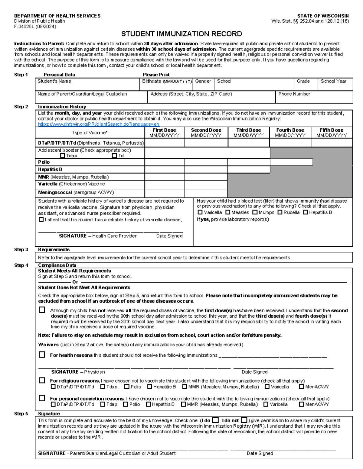 Student Immunization Record and Waiver - DEPARTMENT OF HEALTH SERVICES ...