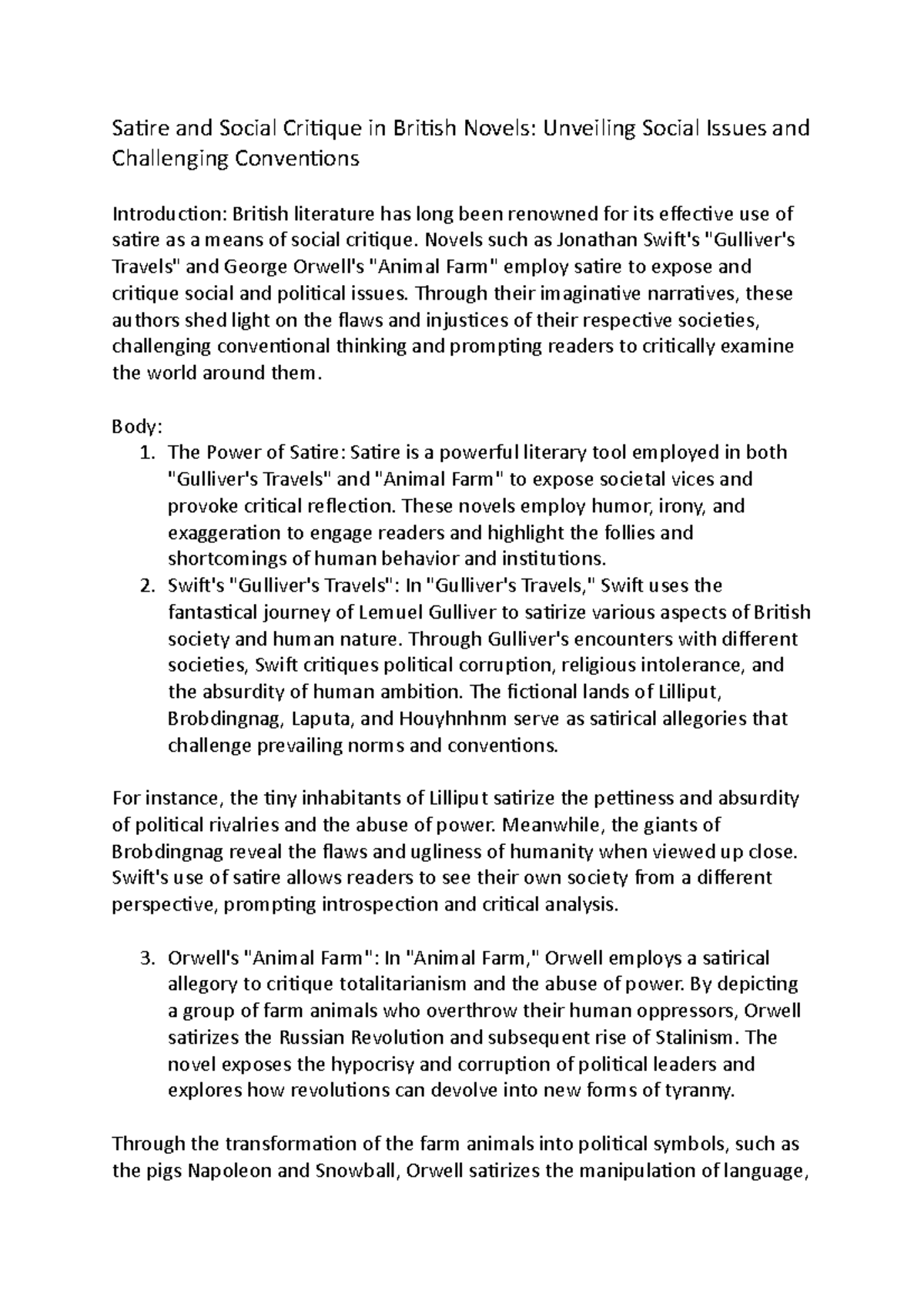 Satire and Social Critique in British Novels Unveiling Social Issues