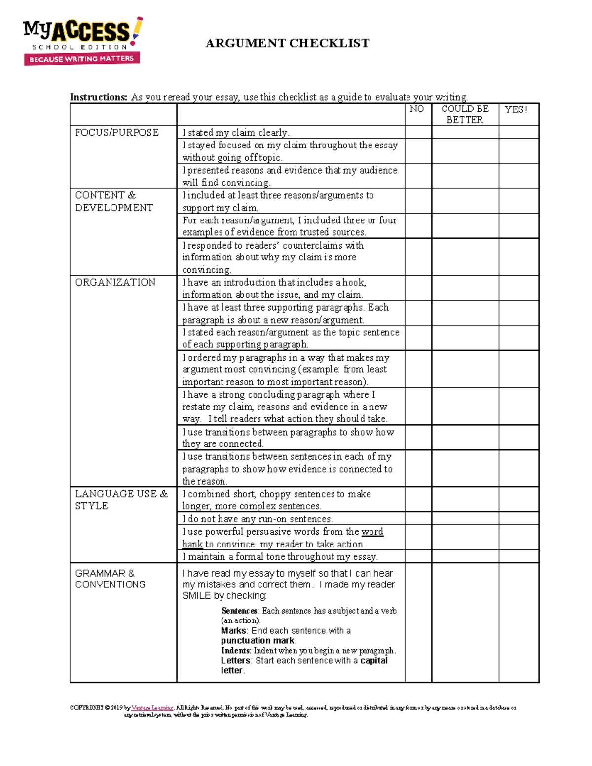 Argument Writing Checklist - ARGUMENT CHECKLIST COPYRIGHT © 2019 by ...