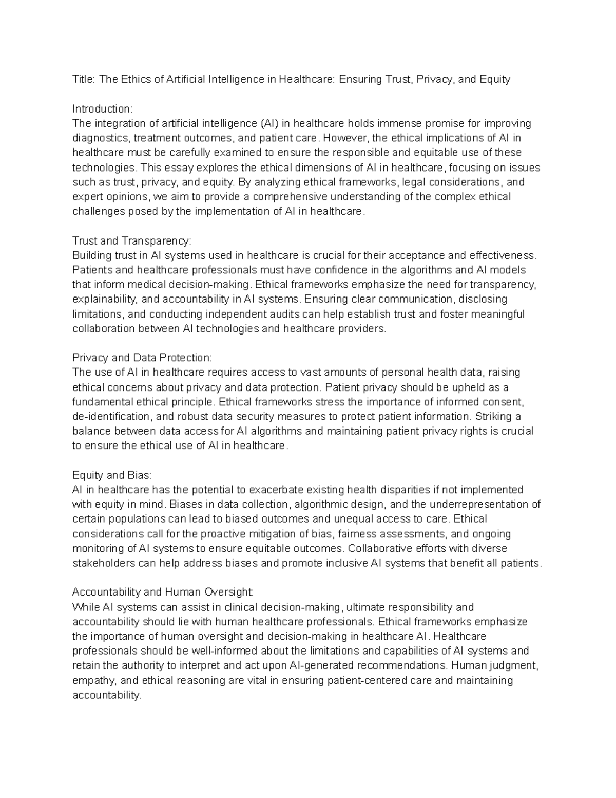 Title The Ethics of Artificial Intelligence in Healthcare Ensuring ...