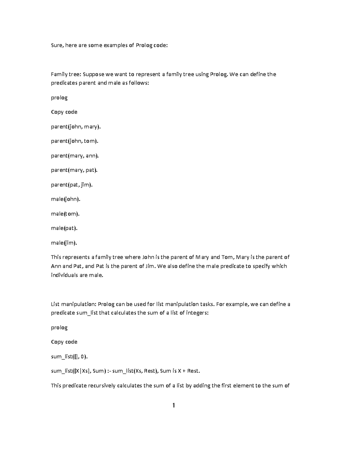 Prolog - Personal - Sure, here are some examples of Prolog code: Family ...