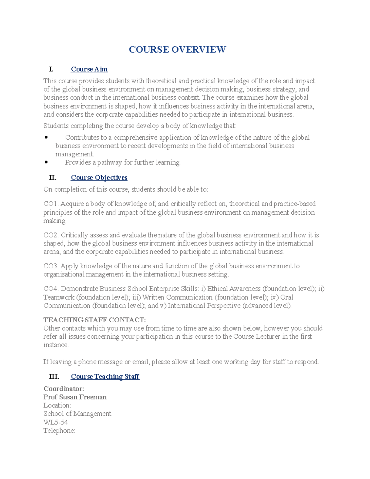 Course Overview - it is useful - COURSE OVERVIEW I. Course Aim This ...