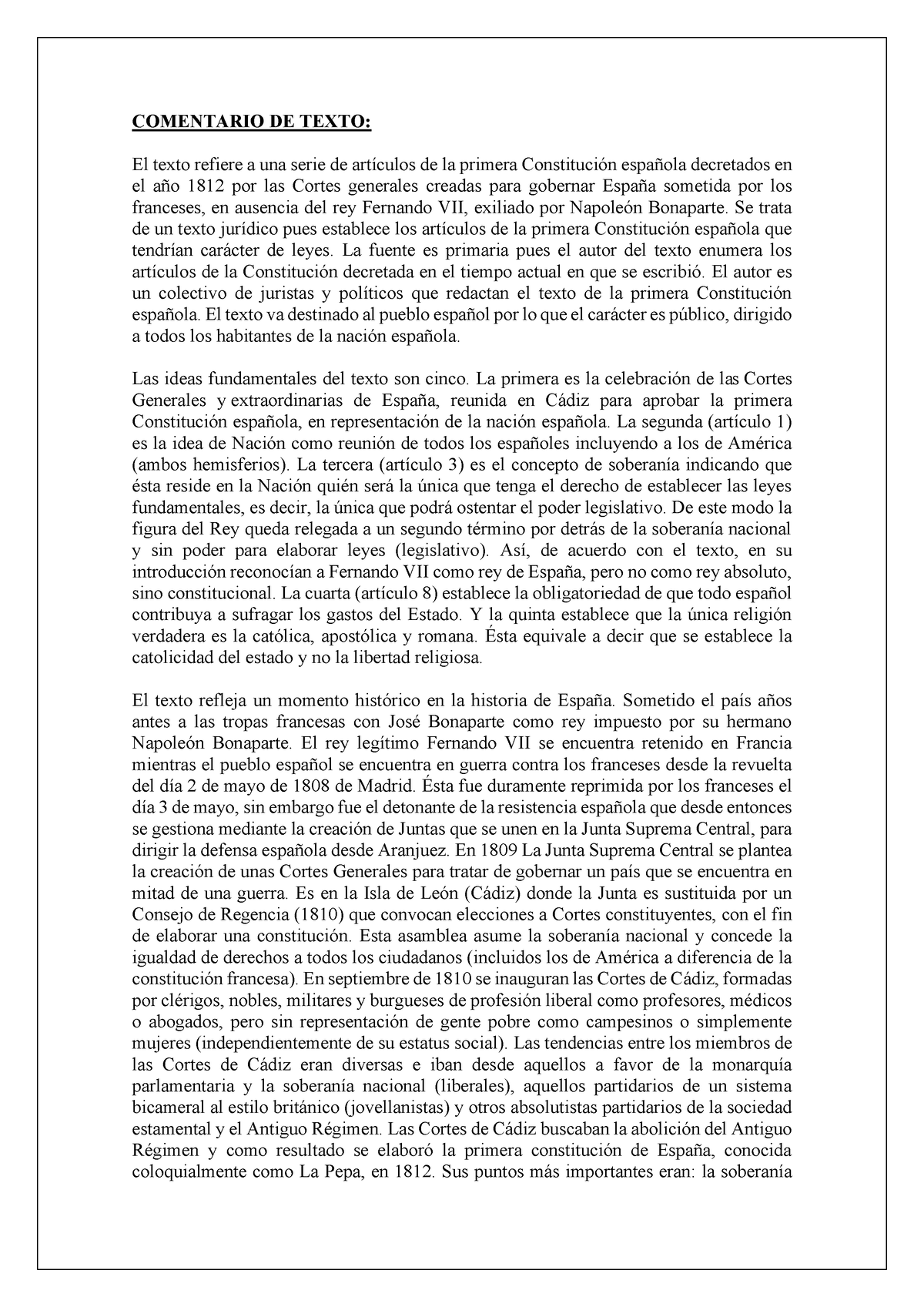 Comentario De Texto Constitución Española 1812 - COMENTARIO DE TEXTO ...