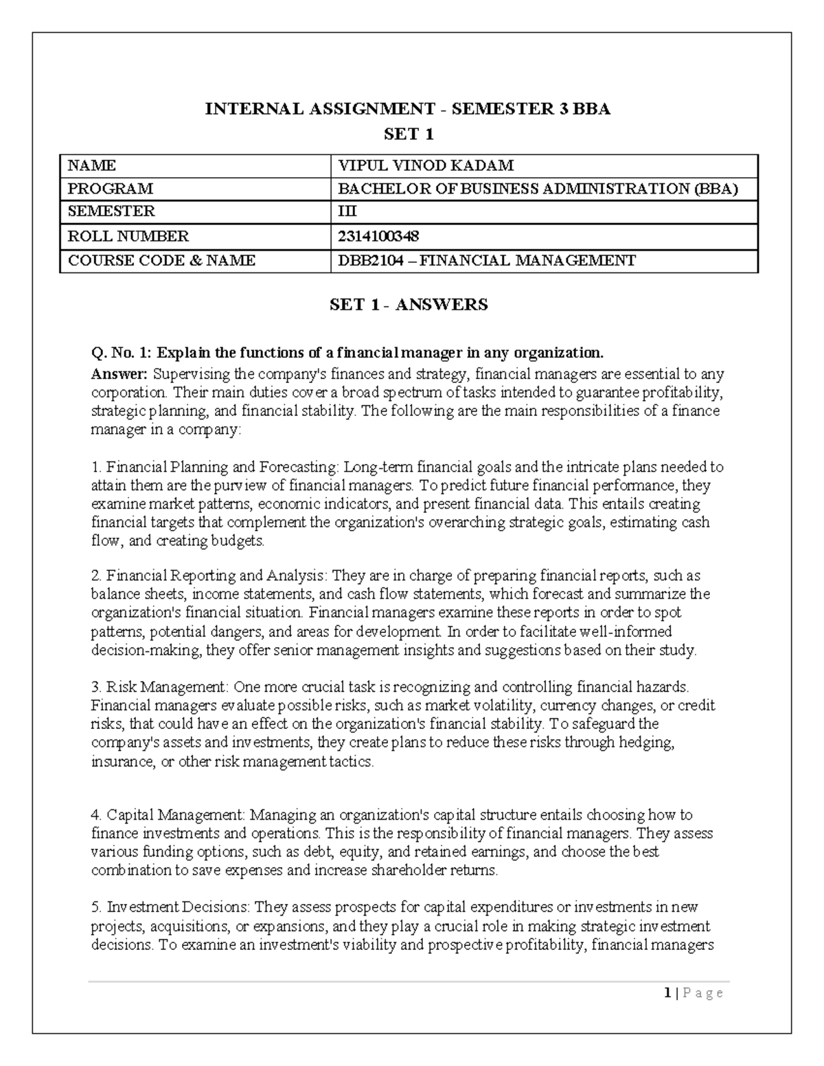 DBB2104 – Financial Management Answer Vipul Kadam - INTERNAL ASSIGNMENT ...