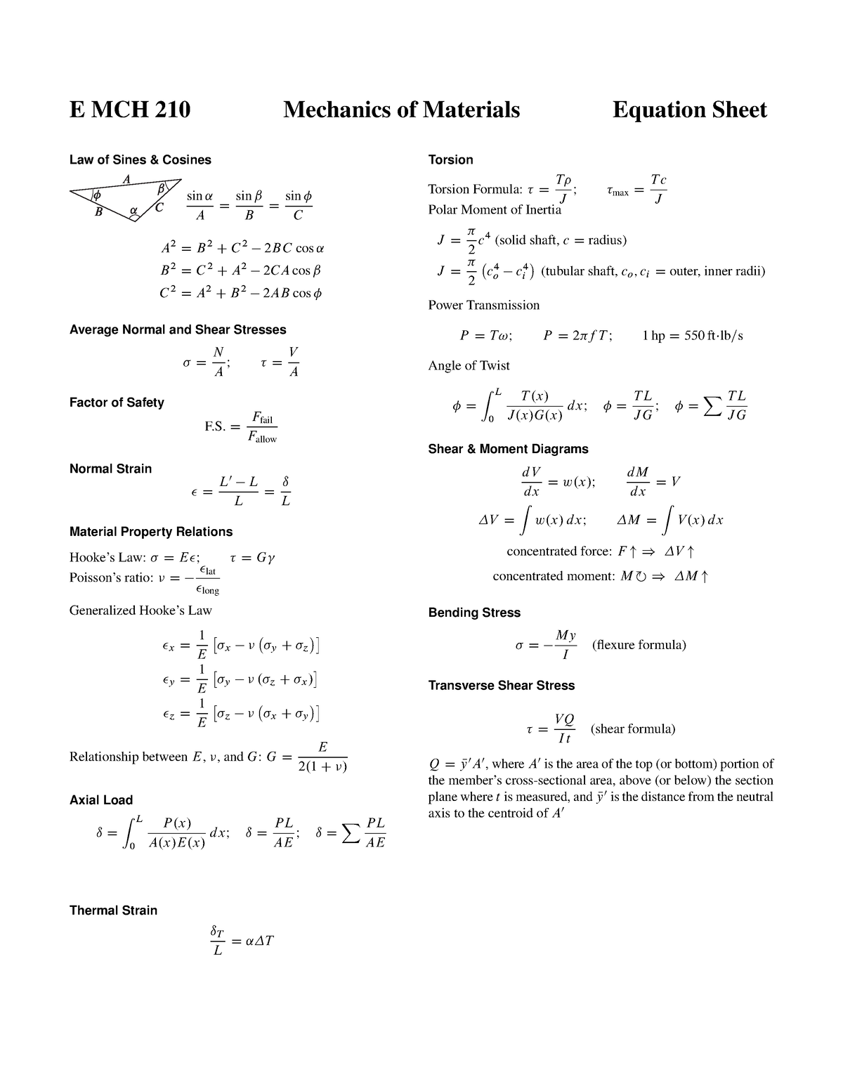 emech-210-equation-sheet-e-mch-210-mechanics-of-materials-equation-sheet-law-of-sines-studocu