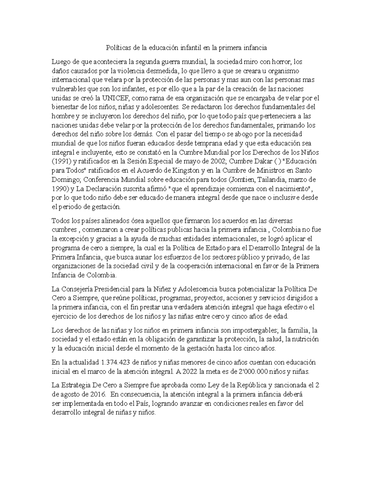 Politicas eduactivas en la primera infancia - Políticas de la educación ...