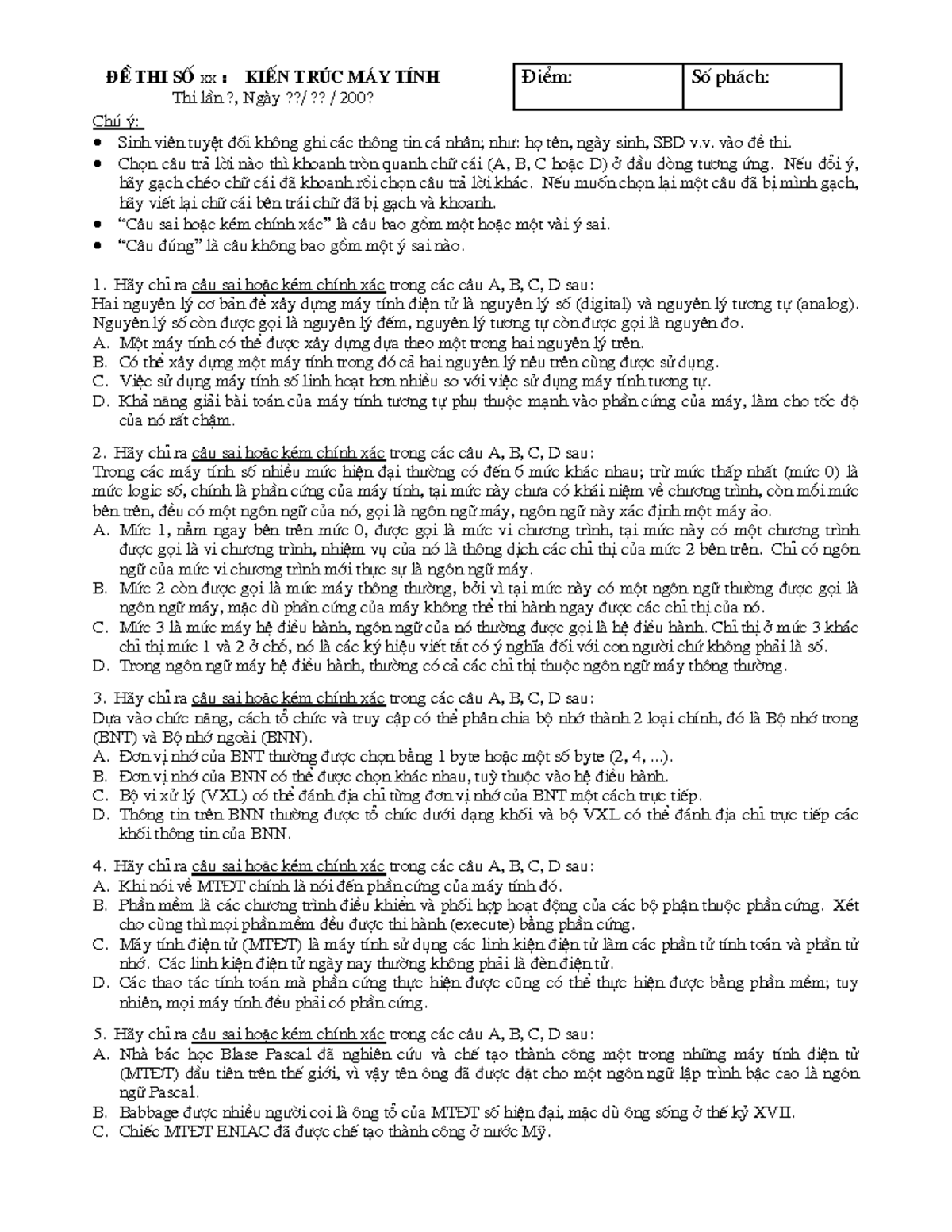Sample Exam KTMT for all students - §Ò thi sè xx : KiÕn tróc m ̧y tÝnh ...