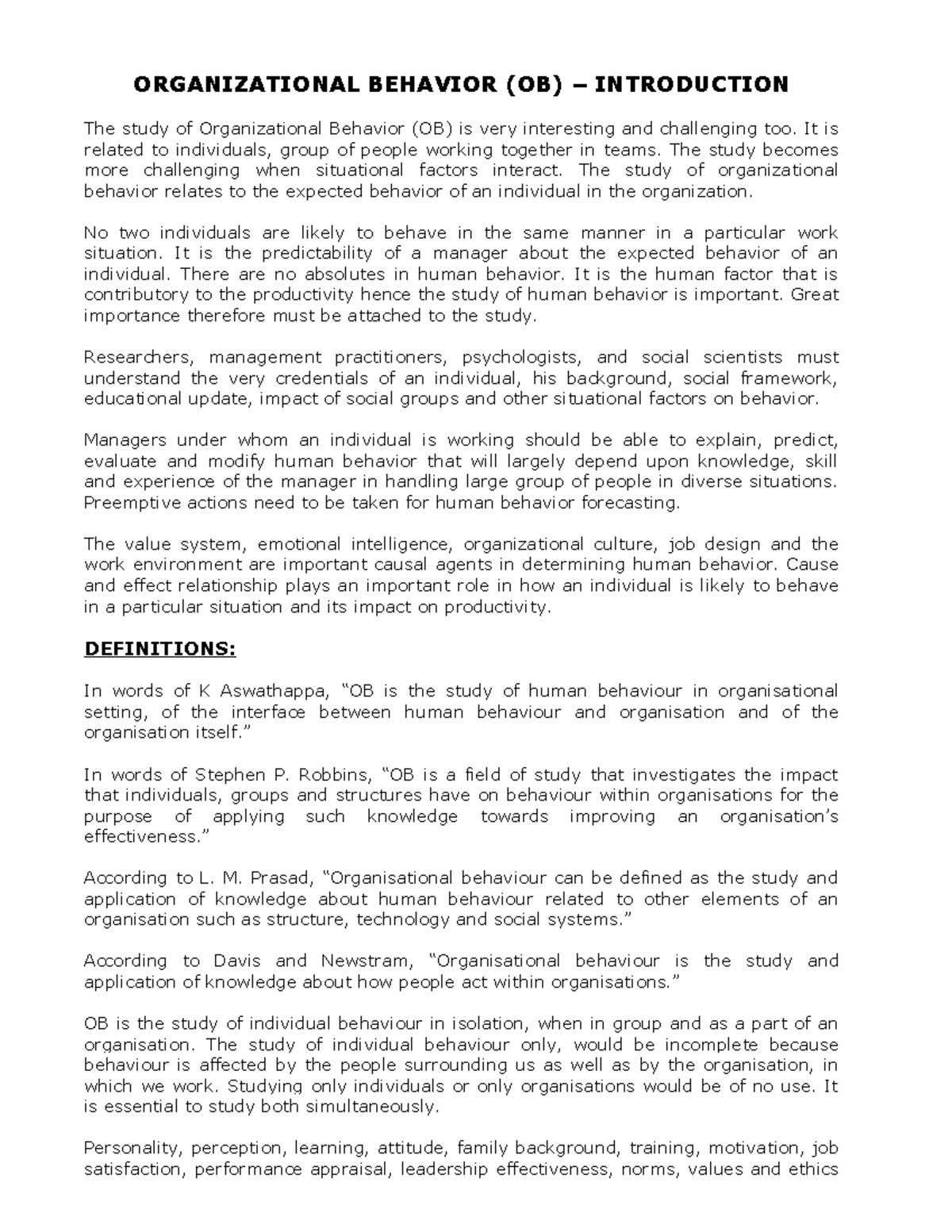 OB - Unit I - OB NOTES UNIT 1 - ORGANIZATIONAL BEHAVIOR (OB ...