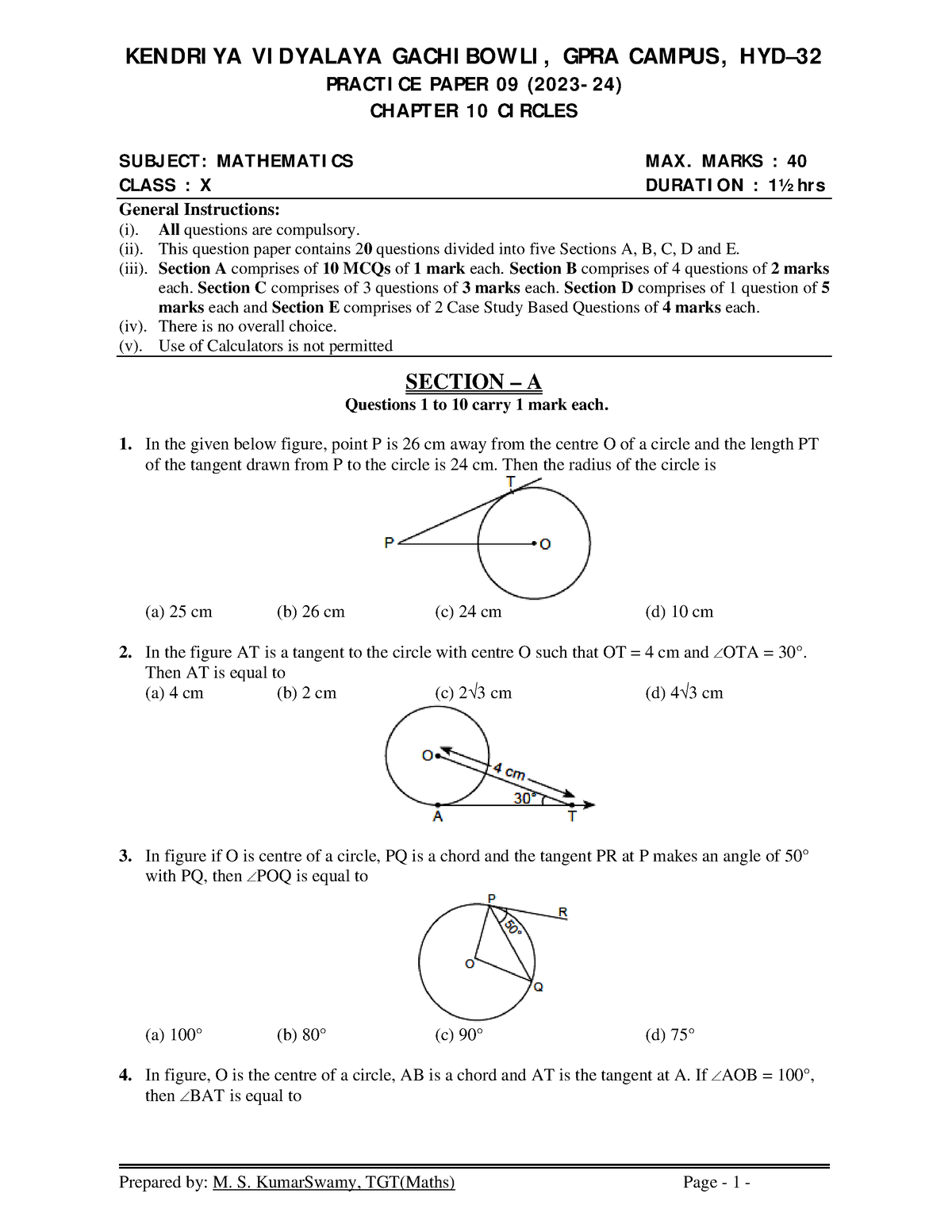 Maths class x chapter 10 circles practice paper 09 - KENDRIYA VIDYALAYA ...