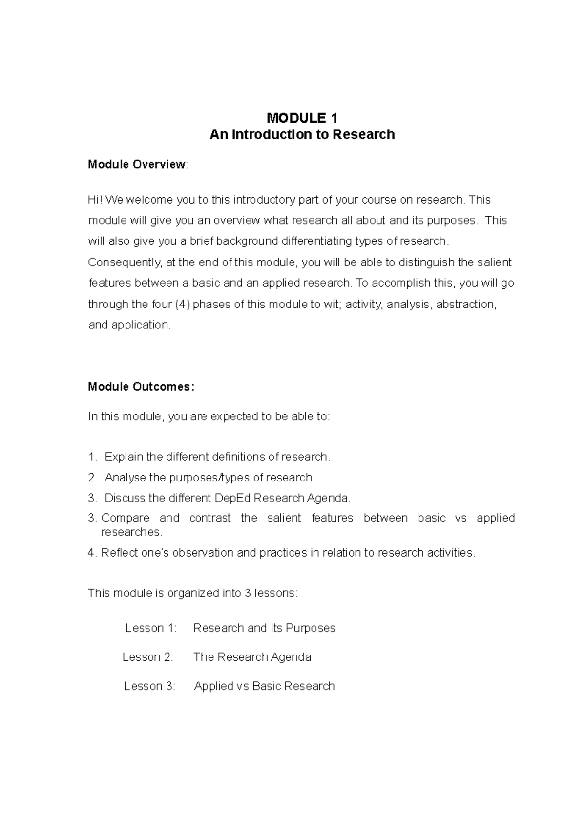 Module 1 Introduction to Research - MODULE 1 An Introduction to ...