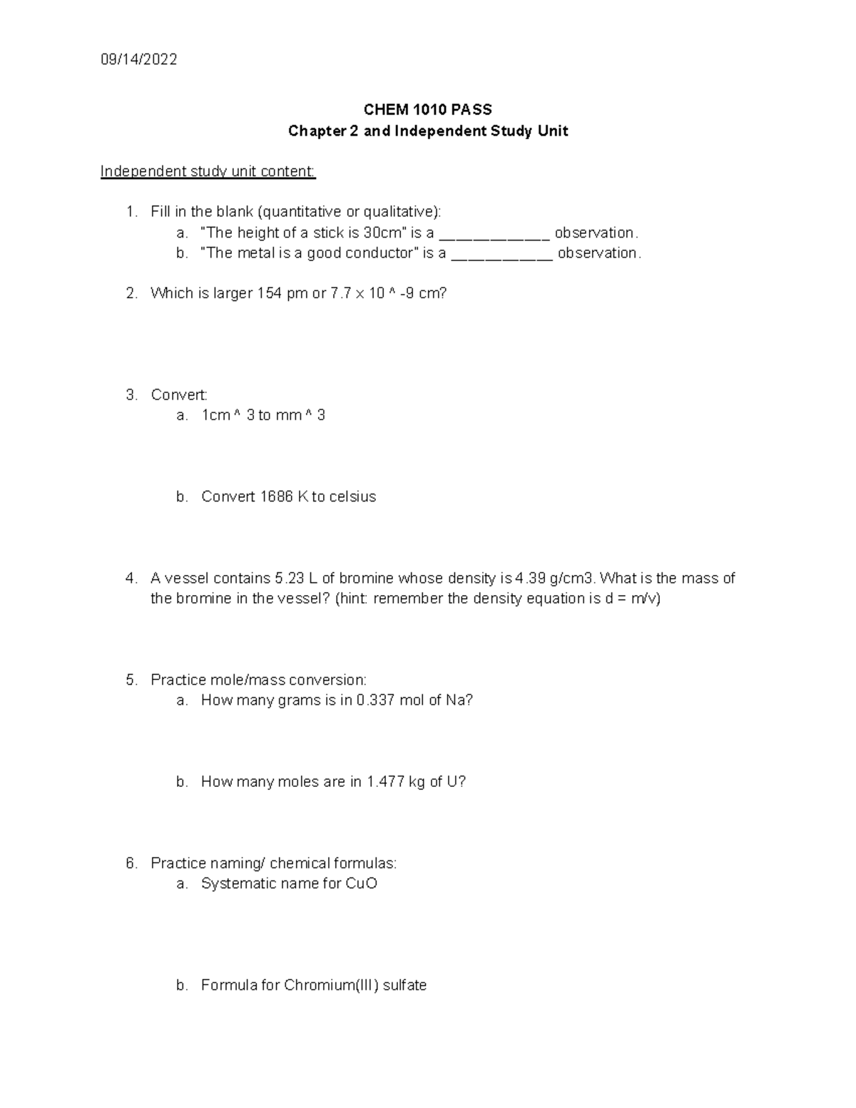 CHEM 1010 PASS 1 pdf - pass session - 09/14/ CHEM 1010 PASS Chapter 2 ...