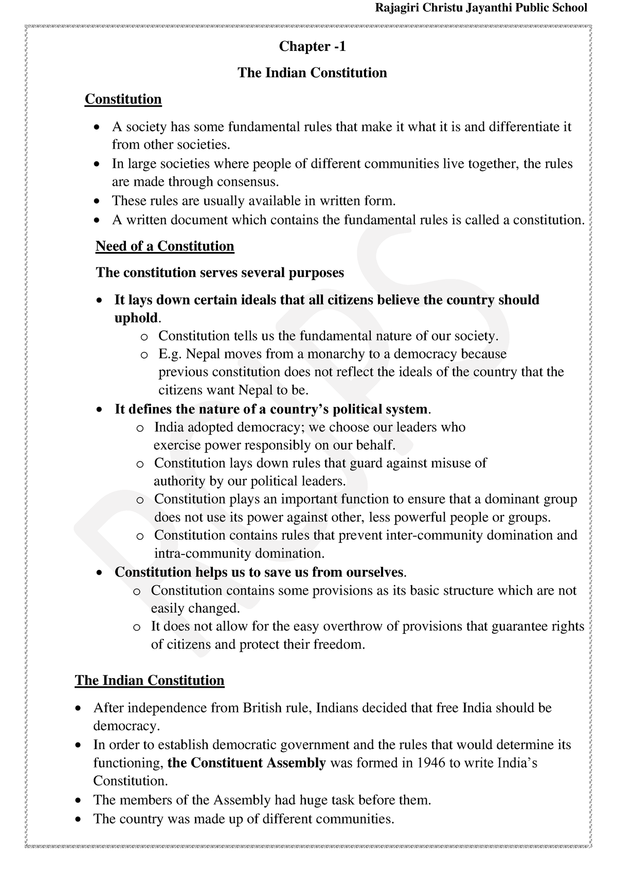 Constitution - Notes - Chapter - The Indian Constitution Constitution A ...