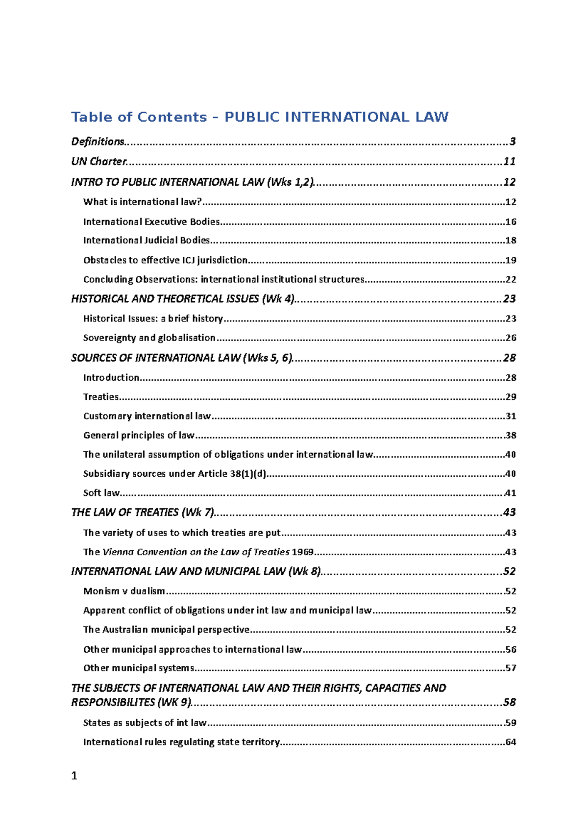 PIL Reading Notes - Table of Contents – PUBLIC INTERNATIONAL LAW - Studocu