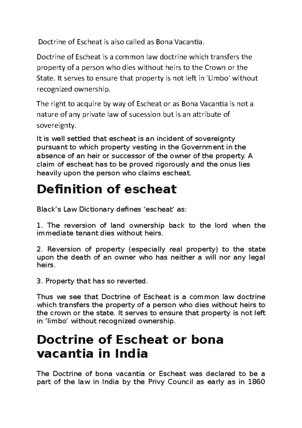 Doctrine of Escheat writeup Doctrine of Escheat is also called as