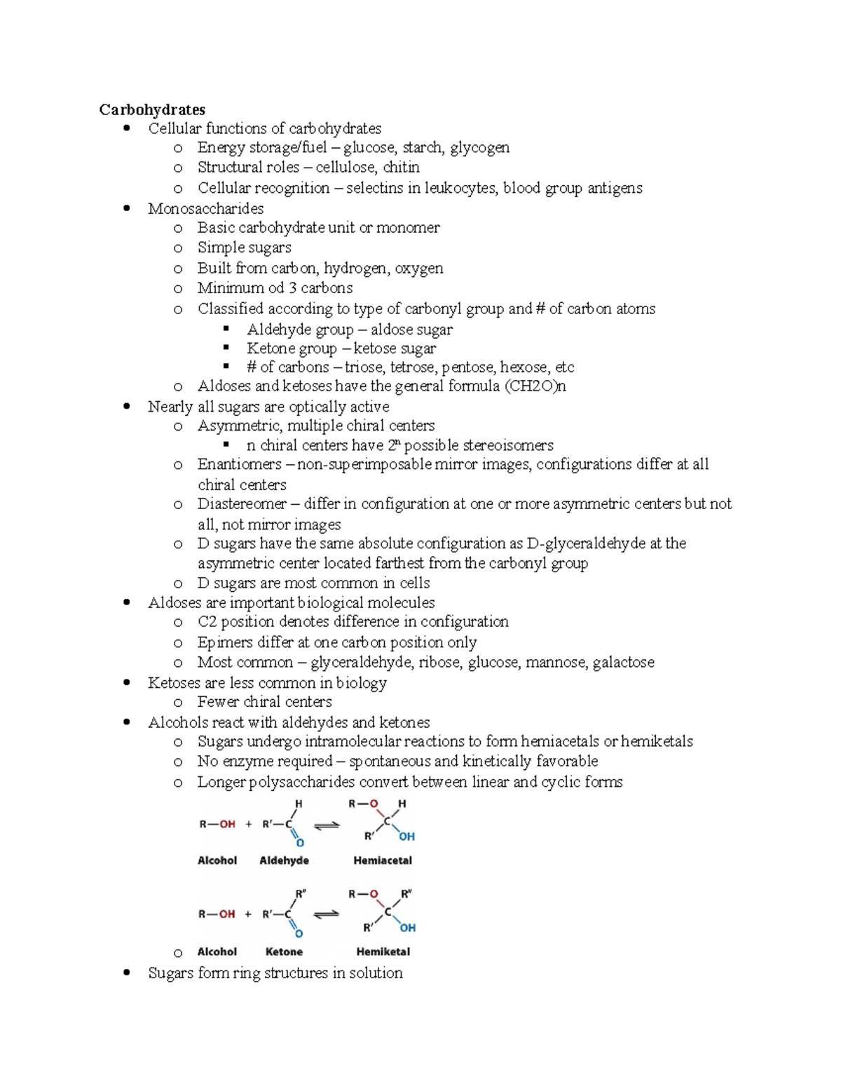 Test 2 Review Summary Biochemistry Carbohydrates Cellular functions